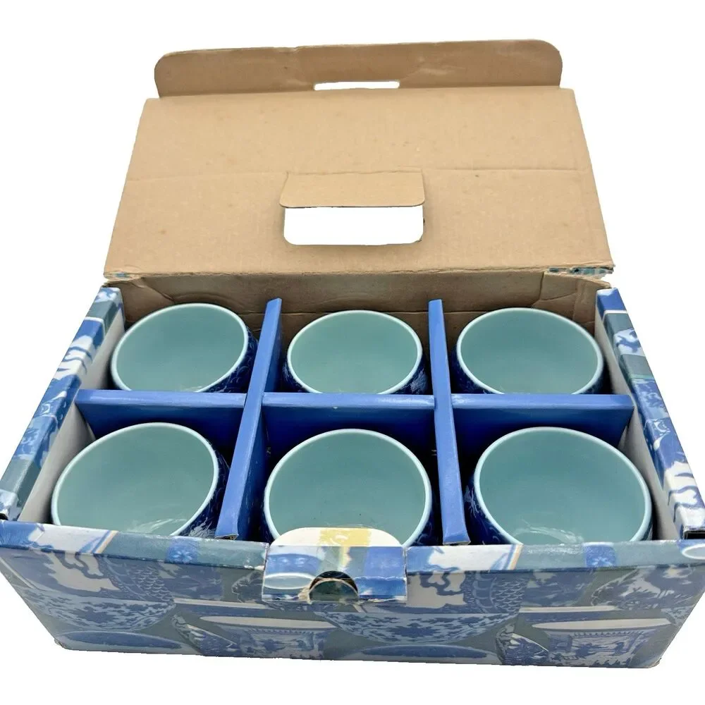 Sake Teapot Cups Six Dragon Blue  Porcelain Tea Set‎ Japanese Asian Signed Fire